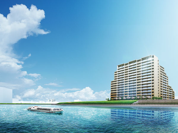 Shared facilities.  [Riverfront ・ South front row. Born in waterside, Landmark Residence] Be born in Riverfront entertain the Sumida River to the south <AQUA VISTA>. here, Among the "Ponte Grande TOKYO", Enjoy the moisture and the open feeling of the water position. It is a life stage to presage a new Tokyo life. Four seasons of the landscape that spread in front of the eye, Pleasant sun-drenched, Fresh wind to pass through. In town to talk about the new Tokyo, Residence of sparkle is born. (Exterior view)