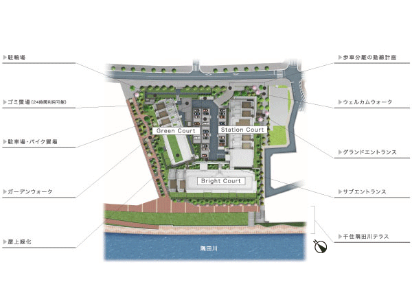 Shared facilities.  [Grand design that enhance the sense of openness in the site] Taking advantage of the vast site shape facing the Sumida River, Layout three buildings of a residential building in a U-shape. Achieve a high open area ratio of about 62%, It produces a sense of openness. further, By providing the planting and promenade, etc. to the site outer periphery, We design the landscape of wrapped in green moisture. (Site layout)
