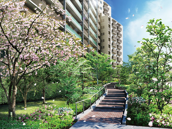 Shared facilities.  [Garden Walk like to explore the garden ※ ] Garden Walk, which designed the street as one of the garden. By adopting a rich planting of four seasons, You can enjoy a variety of views depending on the time and season. Promenade, Difficult interlocking slip feet, And installing a handrail. It has been designed as a friendly approach to those who live.  ※ The name is an AQUA VISTA own designation, The official name of this promenade is consultation between the future Ponte Grande TOKYO operators ・ There is a case to be determined. (Garden Walk Rendering)