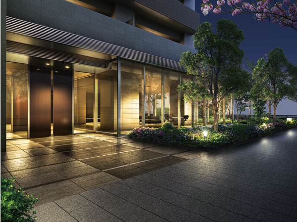 Shared facilities.  [In the details, Aesthetics of hospitality] Grand entrance to greet those who live in, Configuration to simple stripped-down trappings. Entrance door of wood grain with a profound feeling, Wall piled up the natural stone has insisted casually a sense of grade. A formal look in pursuit of attention to beauty, I was feeling fine story of only those who live spread in the earlier. (Entrance Rendering)