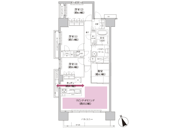  ■ SA type / 4LD ・ K + N + WIC occupied area / 96.21 sq m  Balcony area / 14.34 sq m service balcony area / 5.07 sq m  ※ N = storeroom
