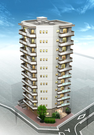 Buildings and facilities. All types angle dwelling unit ・ Two-sided lighting. This spatial layout in consideration of the independence and sense of openness. Common areas also increases the comfort of the living space, It is hotel-like inner corridor design. ※ Exterior - Rendering