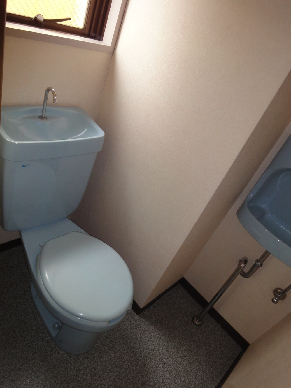 Toilet. Wash basin for hand washing in a rare toilet.