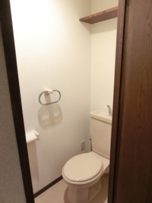 Toilet. Easy-to-use is a good restroom there is also a shelf. 