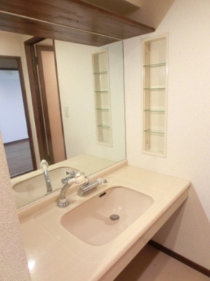 Washroom. Large mirror is proud of washbasins! 