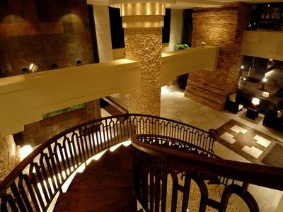 Building appearance. Entrance hall. Design the resort hotel was the motif.