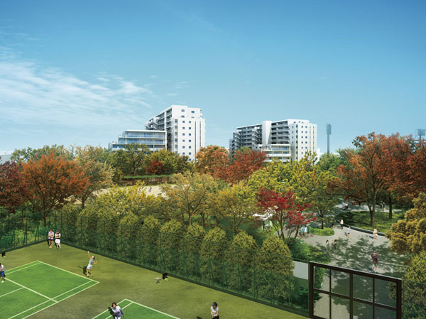 Shared facilities.  [Every day that is nestled in the rich and mellow green and beautiful streets in Tokyo's 23 wards] Enough I do not think Tokyo's 23 wards, Metropolitan Higashiayase park alive nature of breath and warmth exchanges. UR city mechanism worked, Higashiayase propose a new Tokyo of living earth to the family was born Metropolitan Higashiayase park close in the rebuilding project of the housing complex "Tokyo Grand Parks initiative". Come true precisely because Metropolitan park proximity, Stage of a new life that irreplaceable scene is alive. (Exterior view)