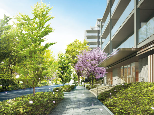 Shared facilities.  [Next to Metropolitan Park, To create a new economic mutually sound and beautiful cityscape] The site, While taking advantage of the existing trees such as zelkova, It plans to planting to be continuous with the green of the Metropolitan Higashiayase park. Evergreen and deciduous, Takagi and shrubs, such as, Arranged trees amounting to more than a total of 10,000, Draw a green earth that the environment and the integral of the park. (Park Sidewalk Rendering)