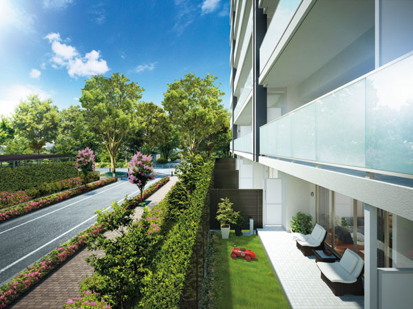 Shared facilities.  [Distribution building plan that vast site was secured about 88 percent of the south-facing dwelling unit to fulfill] Came true precisely because the vast grounds, Distribution building plan of the south-facing and park facing dwelling unit. Pour the soft light, South-facing dwelling unit that provides a pleasant living environment were maintained about 88%. further, Was also street corner plaza "Street Plaza" is also placed to become a place of continuity the conscious avenue "Gran Parks Avenue," "Park Sidewalk" and regional exchange of the Metropolitan Park, We designed the landscape of the rest and the AC. (Private garden Rendering)