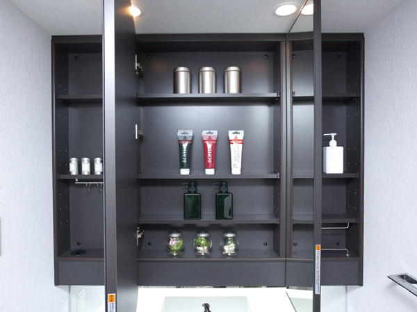 Bathing-wash room.  [Three-sided mirror back storage] Storage capacity, of course, Dryer hook ・ We ingenuity to detail, such as tissue holder.