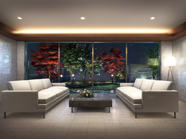 Shared facilities.  [Entrance Hall Rendering] Entrance Hall adjacent to the courtyard (environment open space) with a waterfall and pond. Ya green tenderness reflected in the glass over, Moisture of water will be a symbolic space of this house.