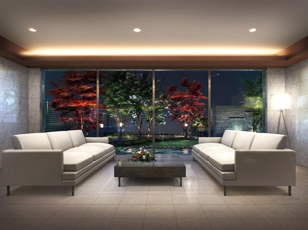 Buildings and facilities. Entrance Hall adjacent to the courtyard (environment open space) with a waterfall and pond. Ya green tenderness reflected in the glass over, Moisture of water will be a symbolic space of this house. (Entrance Hall Rendering)