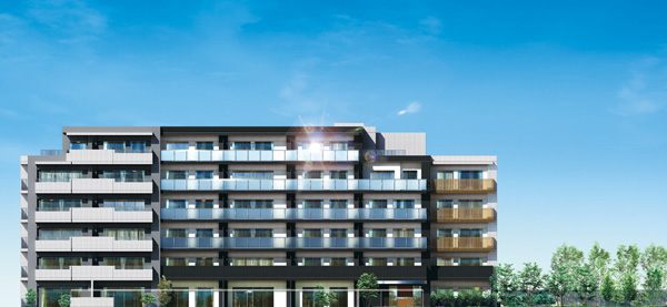 Shared facilities.  [Exterior CG] The appearance emphasized the horizontal line design, White and gray, We expressed in the contrast of the black tiles. It adopted the design of the high glass and aluminum vertical lattice on the balcony railing, It has realized the lighting and elegant atmosphere to the room.