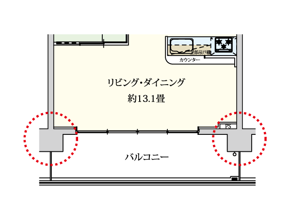 Building structure.  [Out frame construction method] The adoption of out-frame construction method, Realized such as furniture and layout easy to square private space in the design does not go out the pillars in the room. It is neat interior space. (Except for some) (conceptual diagram)