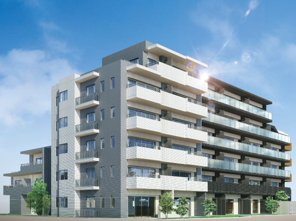 Buildings and facilities. In the streets of Gotannno, Appearance form to claim a solid presence. 6-storey ・ Building a sense of volume by the three buildings the configuration of the shaped distribution building of child, Three-color monotone tiles will represent the modern and calm, Translucent glass has plus an elegant atmosphere shine in sunlight. <Century Gotannno> is, A beautiful design impress the elegant and sophisticated living of people live, It creates a new scenic beauty to the city. (Exterior CG)