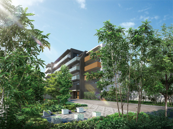 Buildings and facilities. Approach towards the main entrance of the <Century Gotannno> is, The small diameter of the flavor of, surrounded by lush greenery of trees forest. Near the entrance, Green and shade is provided with a pleasant plaza space, Sitting is also installed bench relaxing. Even when also came home when you go out, Has undergone a performance to greet gently people green is live. (Entrance approach Rendering CG)