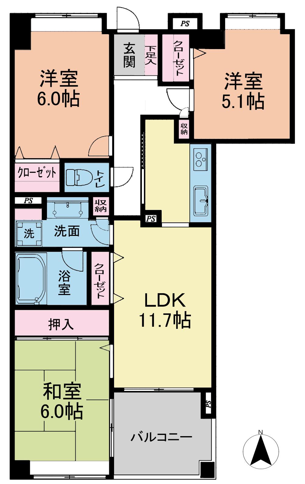Floor plan. 3LDK, Price 27,900,000 yen, Occupied area 68.93 sq m , Balcony area 6.24 sq m