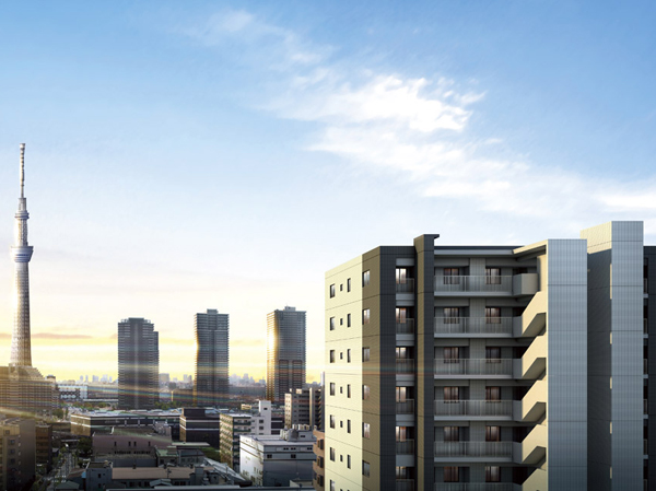 Features of the building.  [Exterior - Rendering] Towering gracefully into the sky, Sharp form of the 15-storey. Skillfully combining the frame to the facade, It was as if directing a beauty such as modern painting. The appearance of wearing a black and white toned white, While claiming the personality around the cityscape, That certain aesthetic will to feeling the beginning of a life rich in Esprit. (Synthesized Exterior CG to view photos from the 15th floor equivalent (May 2013 shooting), In fact a somewhat different in those CG processing. )