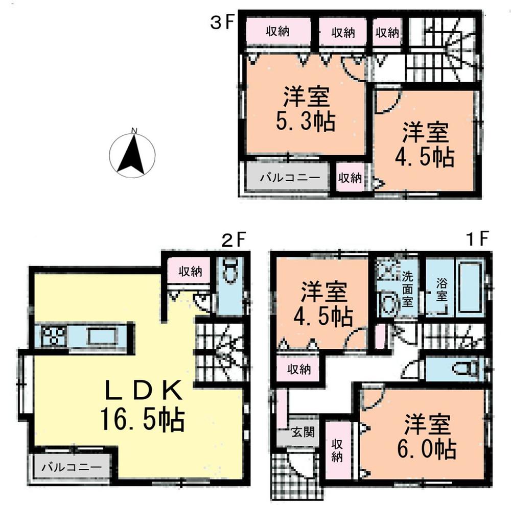 Floor plan. (3 Building), Price 35,800,000 yen, 4LDK, Land area 87.51 sq m , Building area 94.8 sq m