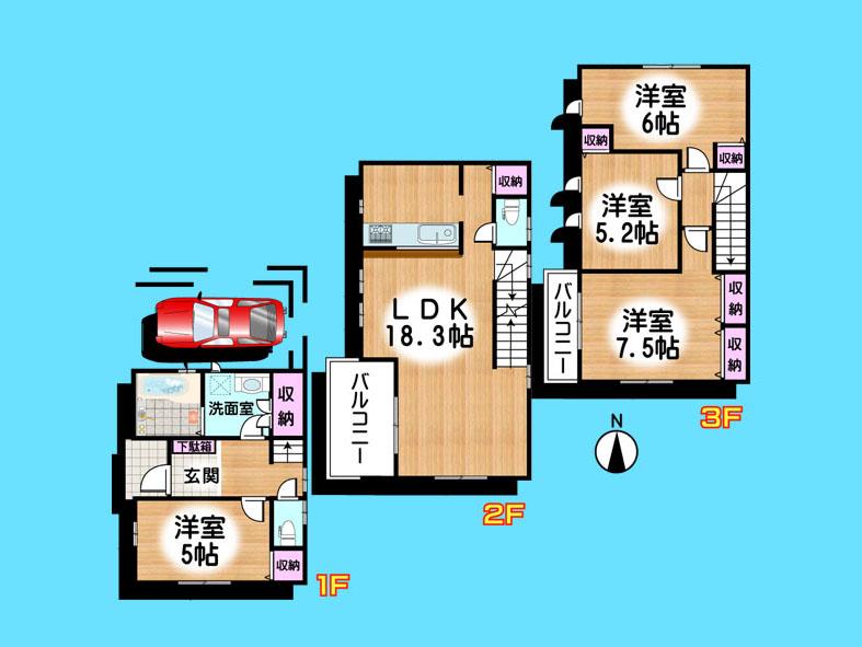 Floor plan. 43,800,000 yen, 4LDK, Land area 63.26 sq m , Building area 110.29 sq m  , Yes Car space ◆  Weekdays, It is possible your visit. Contact us, Free dial  [ 0120-40-4771 ]  Until. Nearby properties also will introduce Adachi. First, Please contact us