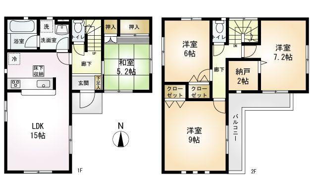 Floor plan. (1 Building), Price 36,800,000 yen, 4LDK, Land area 107.25 sq m , Building area 98 sq m