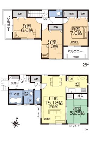 Floor plan (Building 3 ・ 4LDK / Land area 86.02 sq m  Building area 95.74 sq m)