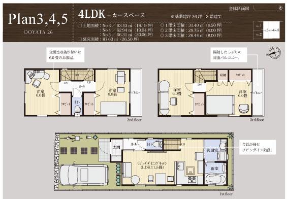 Building plan example (floor plan). No.  ~ 5 compartment, 3-story reference floor plan