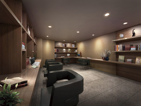 Shared facilities.  [Book Lounge] Or reading, Study or, It can also be used to study instead of the usual, It is calm some space. (Rendering)