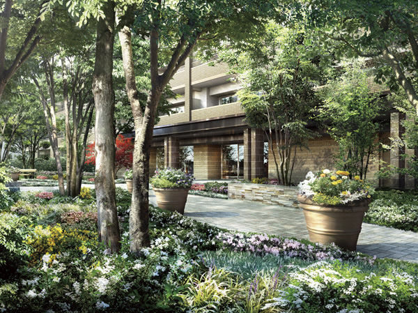 Shared facilities.  [Flower path] Promenade you can stroll while petting and colorful planting of four seasons. Also features a bench that you can take a break and sat down. (Rendering)