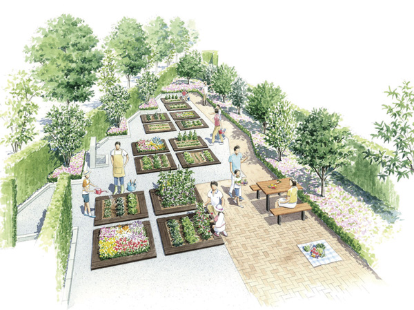 Shared facilities.  [Farm Garden] As "Oberstdorf Gran Dio Senjuohashi Ayers" unique facility, We have prepared a garden corner. Tomato ・ cucumber ・ eggplant ・ Broccoli, etc., Favorite vegetables your family ・ It is a space where you can enjoy making the flower. Create a soil, Planting seeds and seedlings, Watered, Harvest. You can taste the excitement to grow soil of warmth and food through the modern in lost tend valuable experience. ( ※ Prepare all 14 compartments (surcharge) / Rendering)