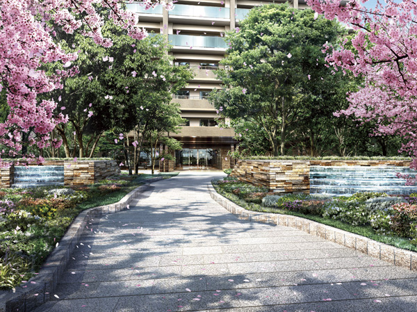 Buildings and facilities. Satozakura and Aqua gate, While admiring the green landscape, Main entrance to. So that each time advancing to walk to enjoy the change of scenery, Design curve approach. (Main approach Rendering)