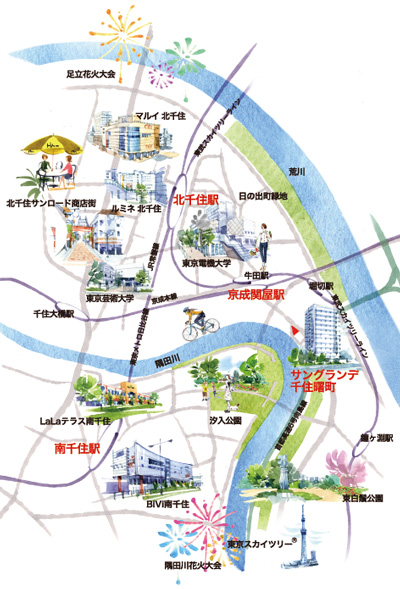 Surrounding environment. The way back to my home, Including the super, clinic, Drug store, Convenience stores, etc., Facility has been enhanced necessary to life. Also, Of living area in the "Kita-Senju" is, Also gathered large-scale commercial facilities such as luminescence and Marui. (Local surrounding environment illustrations MAP)