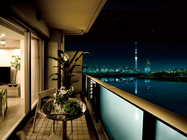 Room and equipment. Sky tree overlooking from the balcony along with the Sumida River of moisture (R), etc., & Quot; I only of scenery & quot; in front of the, Nice space that can enjoy private time has spread.  ※ In the model room A type view photo of the peripheral site (about 40m from local ・ A height of about 20m / 2013 February shooting ※ One synthesized part CG processing), In fact a slightly different.
