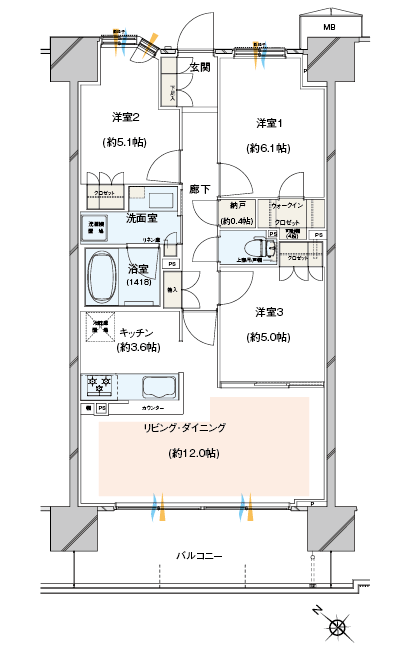 Floor: 3LDK + N + Wic, the occupied area: 71.11 sq m