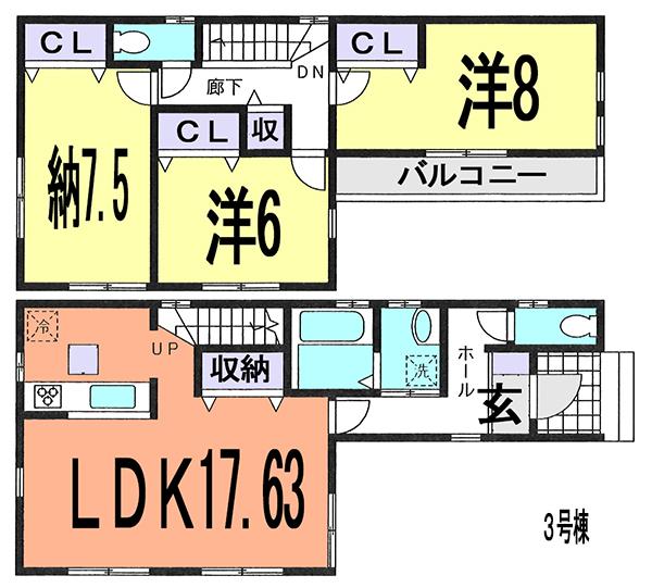 Floor plan. (3 Building), Price 33,800,000 yen, 3LDK, Land area 86.02 sq m , Building area 96.88 sq m