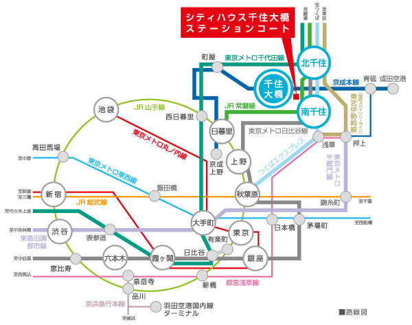 Surrounding environment. Keisei Main Line "Senjuohashi" station 1 minute walk. The other that can ensure a comfortable city center access By switch to the JR Yamanote Line in "Nippori" station, Goodness attractive access to Narita Airport. further, JR Joban Line and the Tokyo Metro Hibiya Line, Tobu Isesaki Line, Tsukuba Express is to gather "Senju" station a 15-minute walk ・ Bike about 6 minutes (15-minute walk only Tokyo Metro Chiyoda Line ・ Bike about 6 minutes). JR Joban Line of walk 14 minutes (6-minute bicycle) "Minami-Senju" station also available