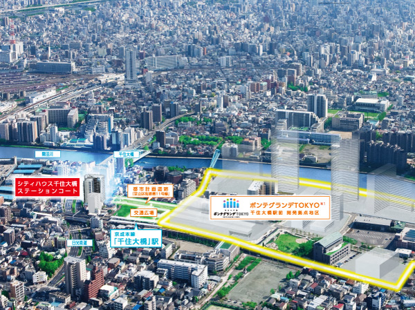 Surrounding environment. Location conceptual diagram ・ Building Rendering ※ Shoot the southeast from the local vicinity of the sky (2012.4) was Aerial to, CG synthesis building Rendering ・ In fact a somewhat different in what was processed. Also it is intended to be illustrative of the location situation, Building location ・ height ・ Scale, etc. is slightly different actual and. Surrounding environment might change in the future.  ※ 1. Ponte Grande TOKYO (about 180m from local ・ 3-minute walk ・ Estimated completion time: 2016 year-end)