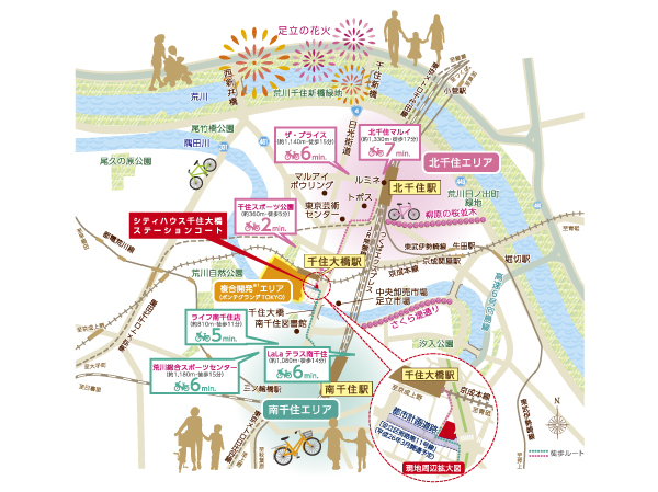 Surrounding environment. And "Kita-Senju" station commercial convenience of charm, Located in between the increasing bustle "Minamisenju" station. further, It is arranged commercial facilities in between the outlet of the local area from the ticket gate of Keisei Main Line "Senjuohashi" station, Shops are equipped to support the day-to-day life, such as convenience stores supermarkets and 24-hour. Because under the elevated station it is convenient easy to use even when slow-weather bad day or go home. (Area conceptual diagram)