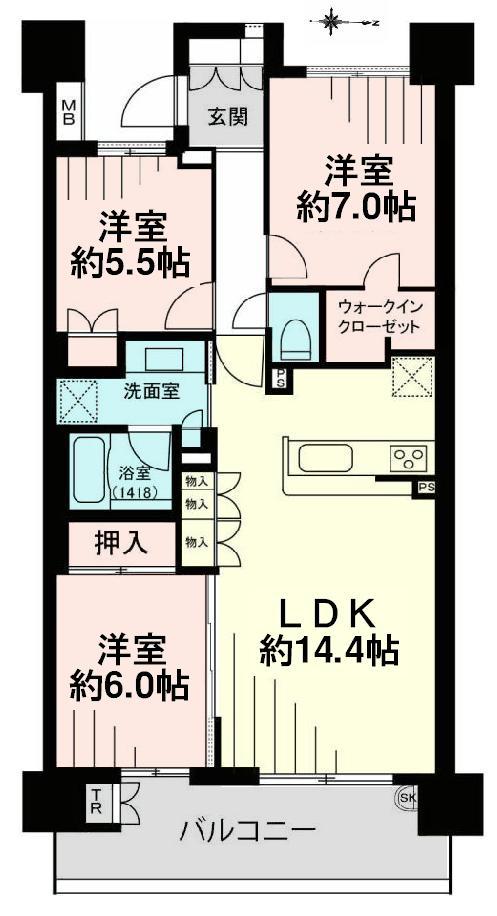 Floor plan. 3LDK, Price 34,900,000 yen, Occupied area 81.19 sq m , Balcony area 12.56 sq m