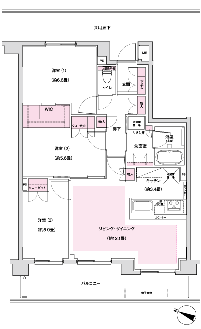 Floor: 3LDK + WIC, the occupied area: 73.65 sq m