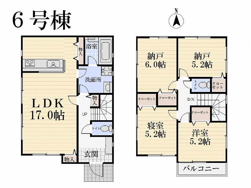 Floor plan. (6 Building), Price 27,800,000 yen, 2LDK+2S, Land area 100 sq m , Building area 92.34 sq m