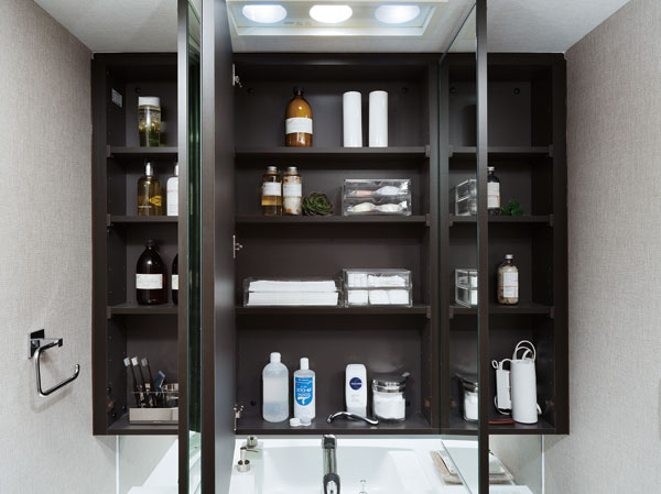 Bathing-wash room.  [Three-sided mirror back storage depth] Adjustable shelves housing the tissue box was secured just fits depth.