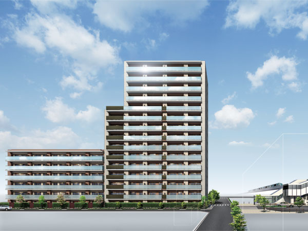 Buildings and facilities. Middle lamella ・ Three buildings the configuration of the planning that we arranged the high-rise portion rhythmically. The form variegated, Let foresee a wide range of living comfort of the living space to gather in there. Yet unique appearance, Refreshing and gentle color ring is in harmony with the surrounding environment, It creates a new landscape before the station. (Exterior view)