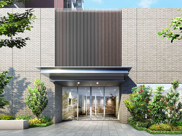 Buildings and facilities. To look from the train station, Entrance to respond with warmth certain impression. A strong presence canopy (eaves) and open-minded indoor create a space glass wall, etc., Yet sophisticated design with modern, You lush planting trappings surrounding Crispy kindness to the expression of the facade. (Entrance Rendering)
