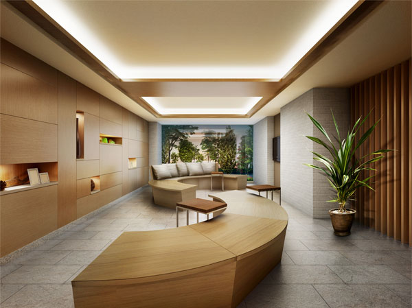 Buildings and facilities. Lounge unique to a variety of people gather, It is a proposal of a flexible space that can be used in a variety of styles. Or a little personal computer work, Guests can enjoy a leisurely sit conversation on a bench with a back, Sometimes Spend alone .... In a calm impression of wood, Is streamlined form, It gives the change and gentle stream into space. (Entrance Hall Rendering)