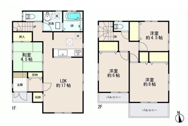 Floor plan. 42,800,000 yen, 4LDK, Land area 107.14 sq m , Momentum is also talk of family in the building area 96.87 sq m face-to-face kitchen Each Western-style is also widely ensure