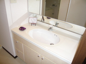 Washroom. The back of the mirror has become the storage