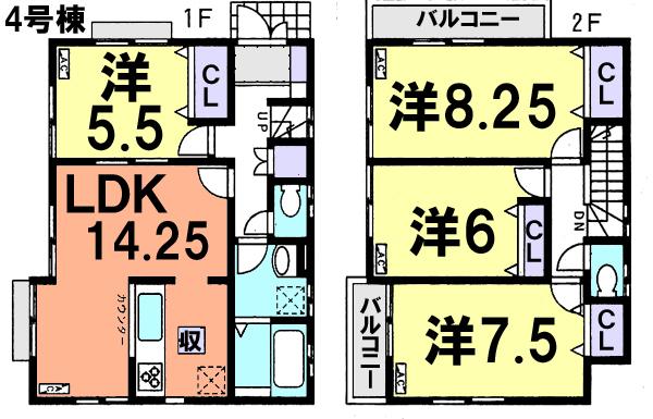 Floor plan. (4 Building), Price 29,800,000 yen, 4LDK, Land area 95.04 sq m , Building area 96.05 sq m