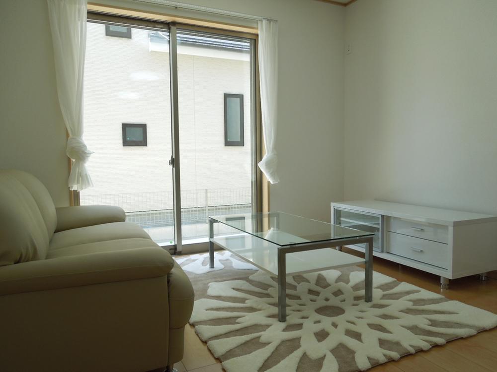 Model house photo. Spacious living room