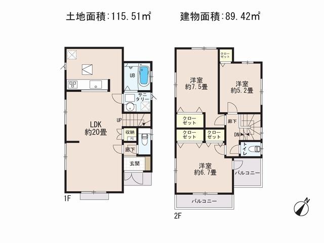 Floor plan. (Building 2), Price 29,800,000 yen, 3LDK, Land area 115.51 sq m , Building area 89.42 sq m